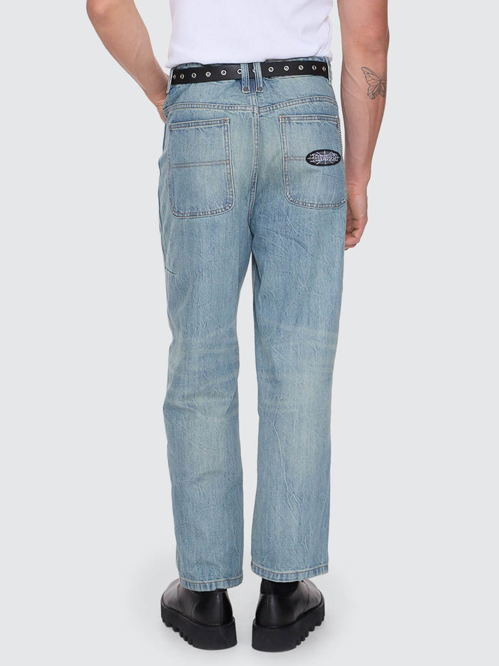 Web of Deceit Mid Slacker Relaxed Long Denim Jean - Dirty Crinkle Blue 26
