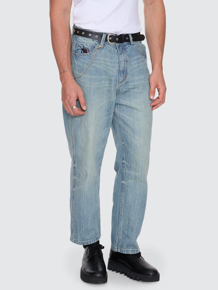 Web of Deceit Mid Slacker Relaxed Long Denim Jean - Dirty Crinkle Blue 26