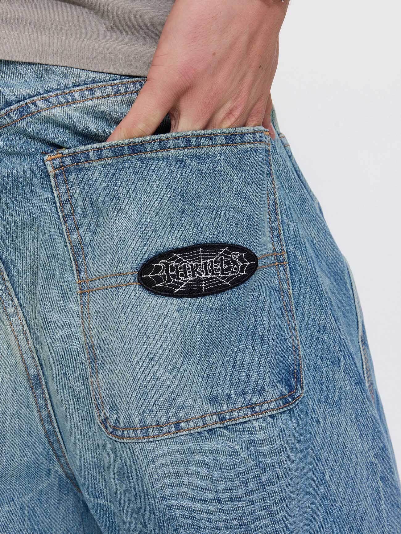 Web of Deceit Mid Slacker Relaxed Long Denim Jean - Dirty Crinkle Blue 26