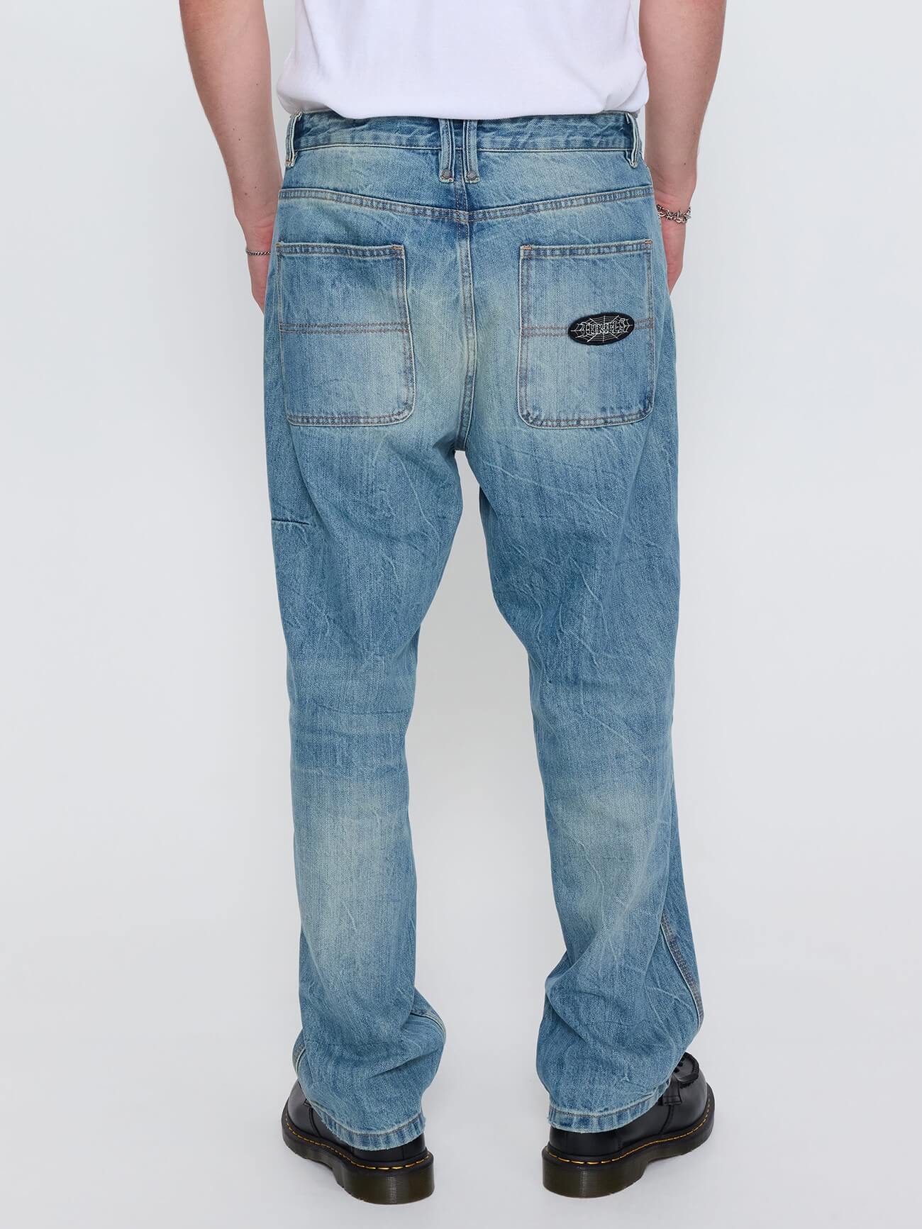 Web of Deceit Mid Slacker Relaxed Long Denim Jean - Dirty Crinkle Blue 26