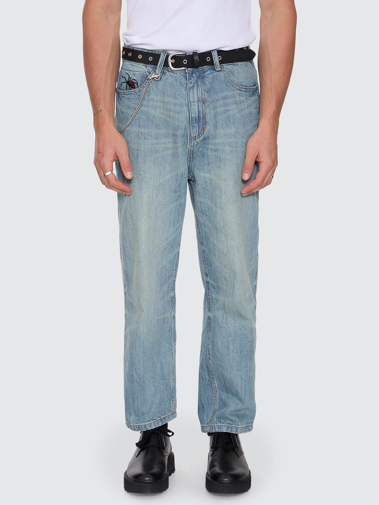 Web of Deceit Mid Slacker Relaxed Long Denim Jean - Dirty Crinkle Blue 26