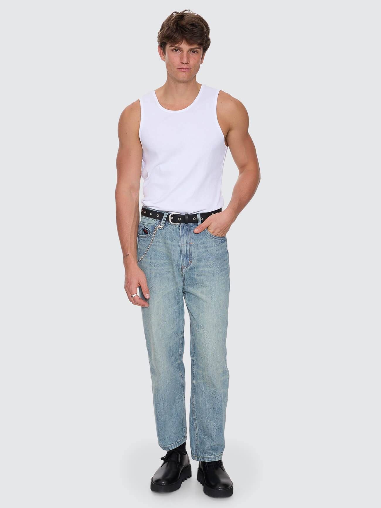 Web of Deceit Mid Slacker Relaxed Long Denim Jean - Dirty Crinkle Blue 26