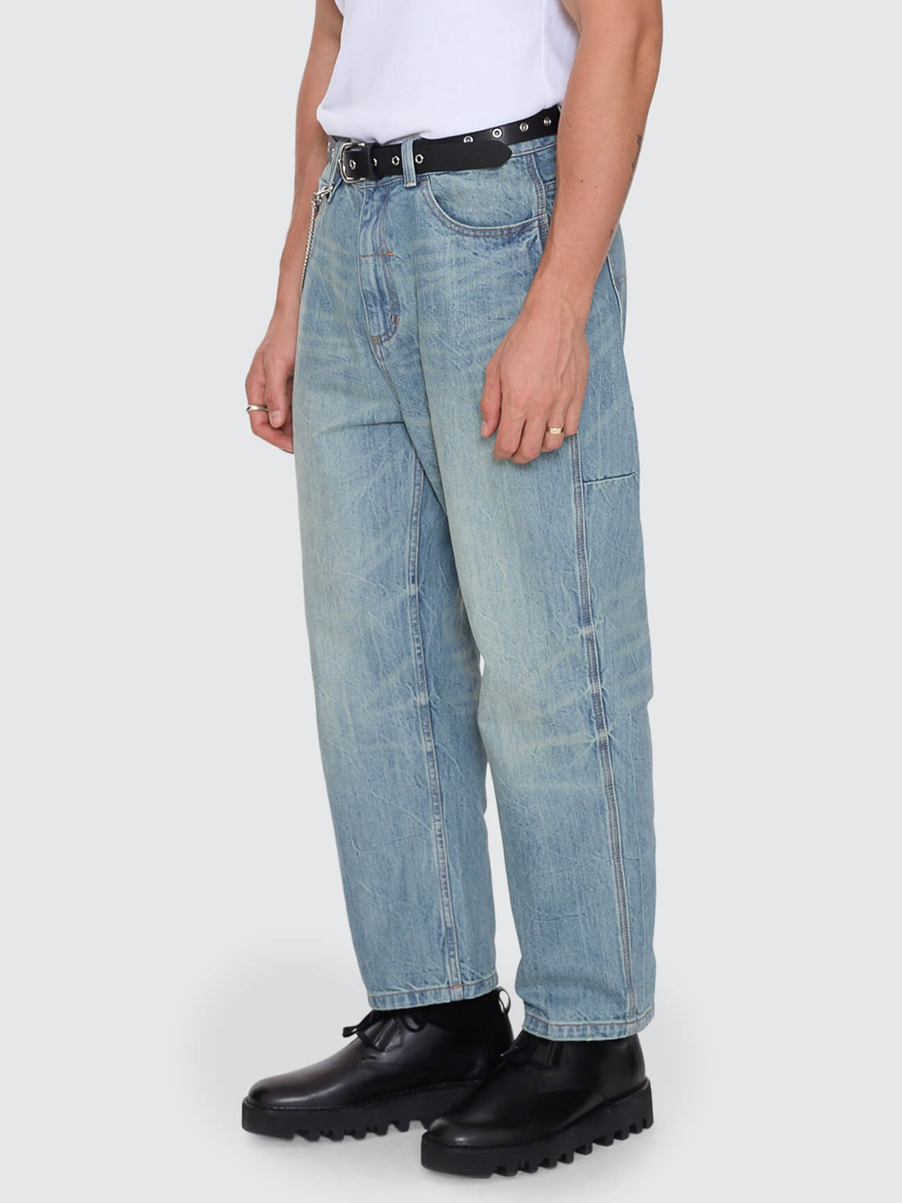 Web of Deceit Mid Slacker Relaxed Long Denim Jean - Dirty Crinkle Blue 26