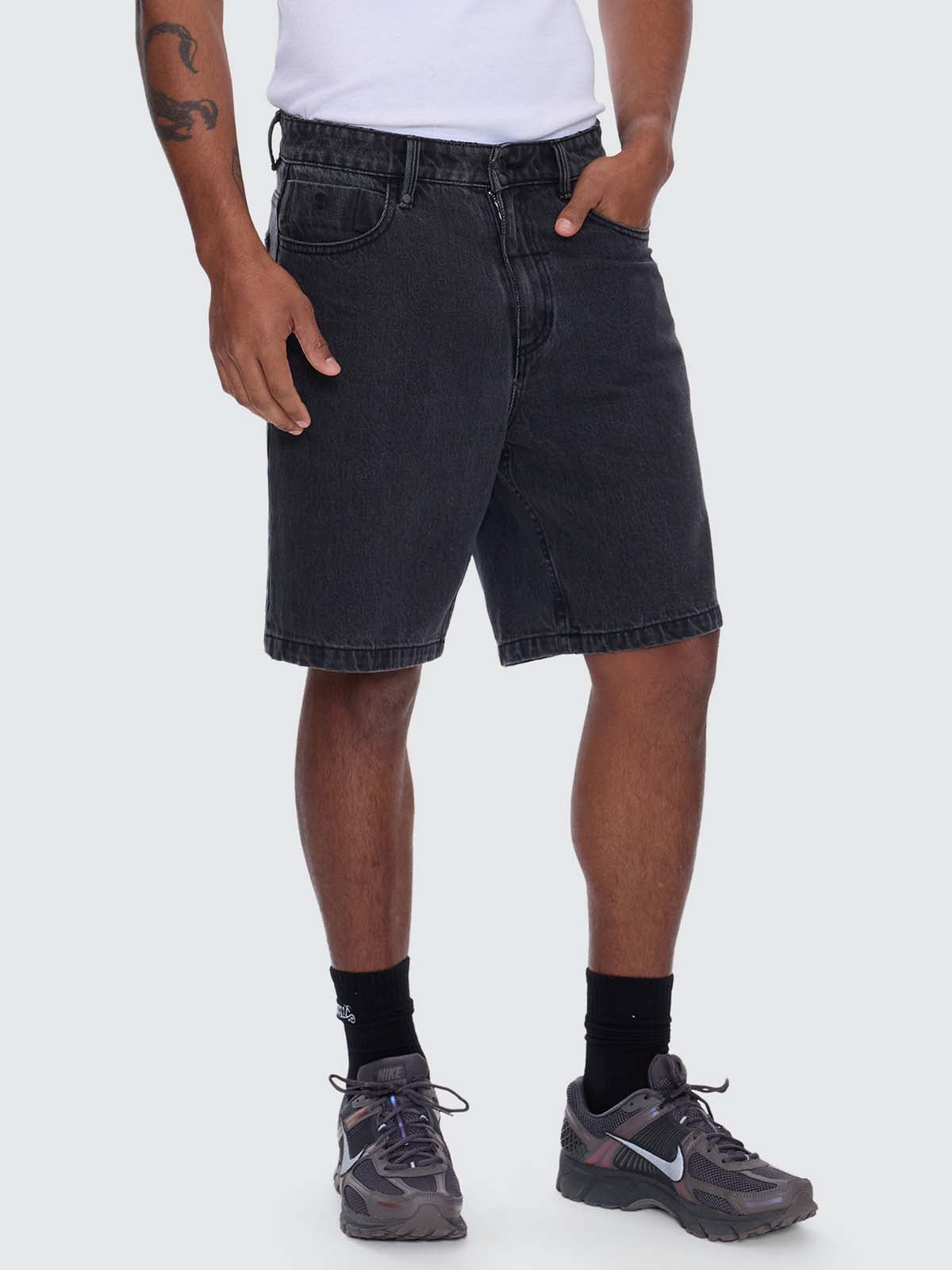 Mid Slacker Relaxed Long Denim Short - Ash Black