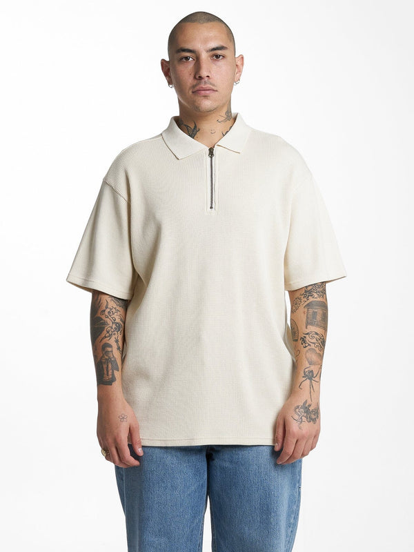 Beholder Waffle Three Quarter Zip Polo - Unbleached