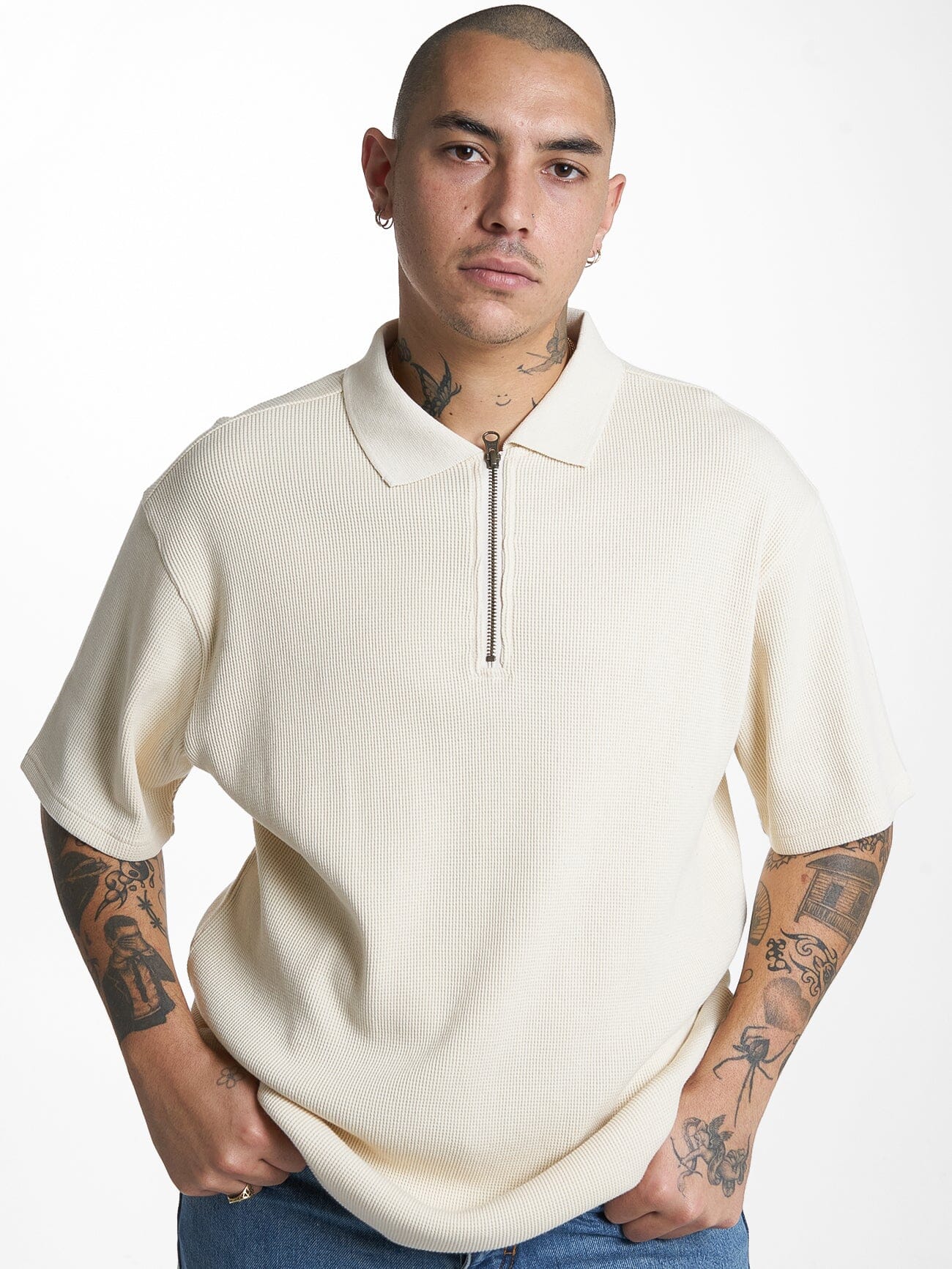 Beholder Waffle Three Quarter Zip Polo - Unbleached