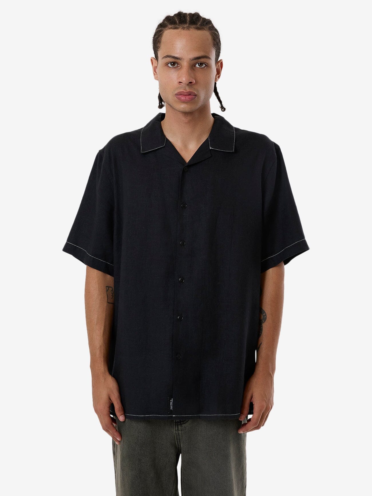 Hemp Minimal Thrills Contrast Stitch Bowling Shirt - Black XS
