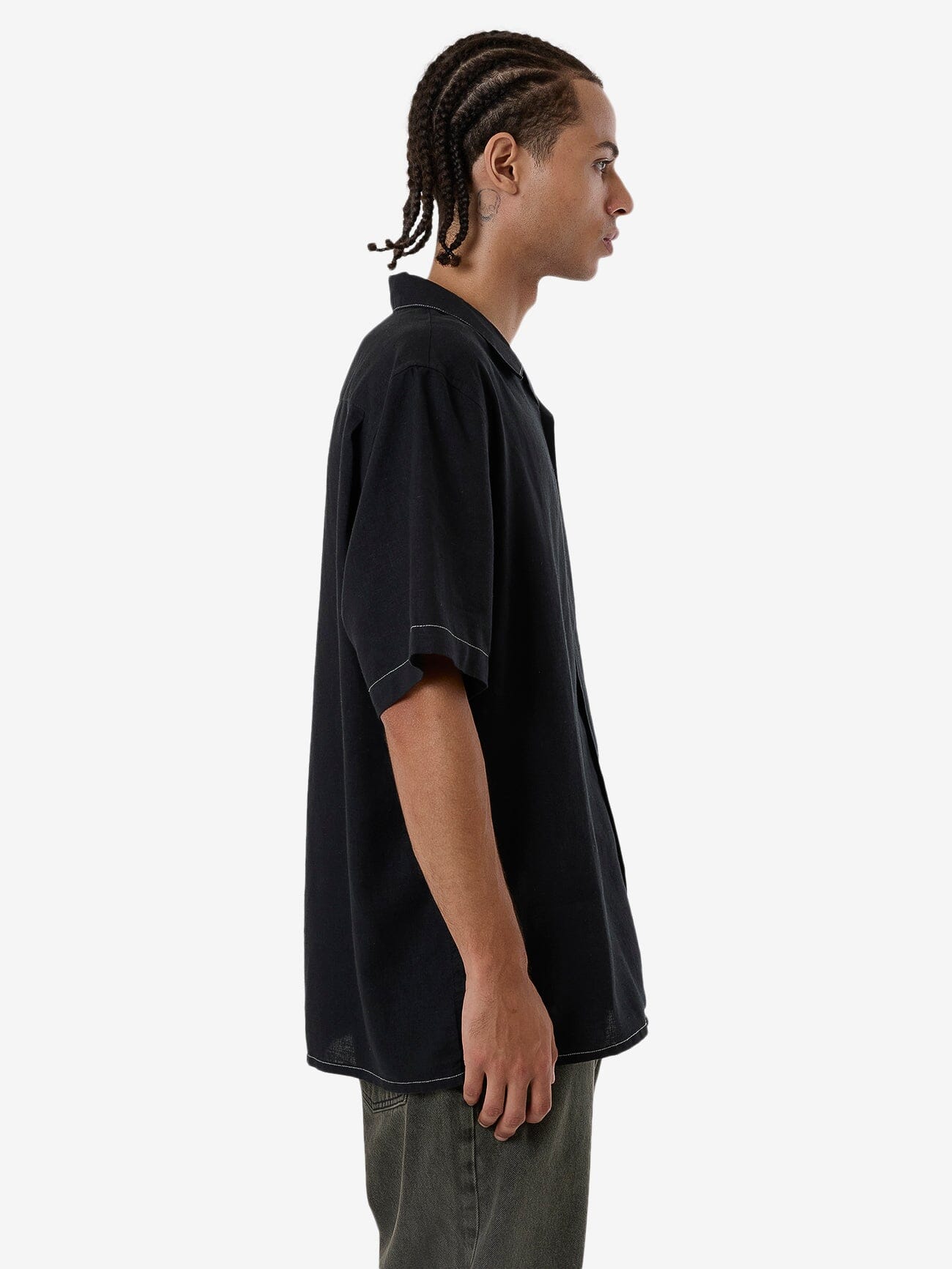 Hemp Minimal Thrills Contrast Stitch Bowling Shirt - Black XS