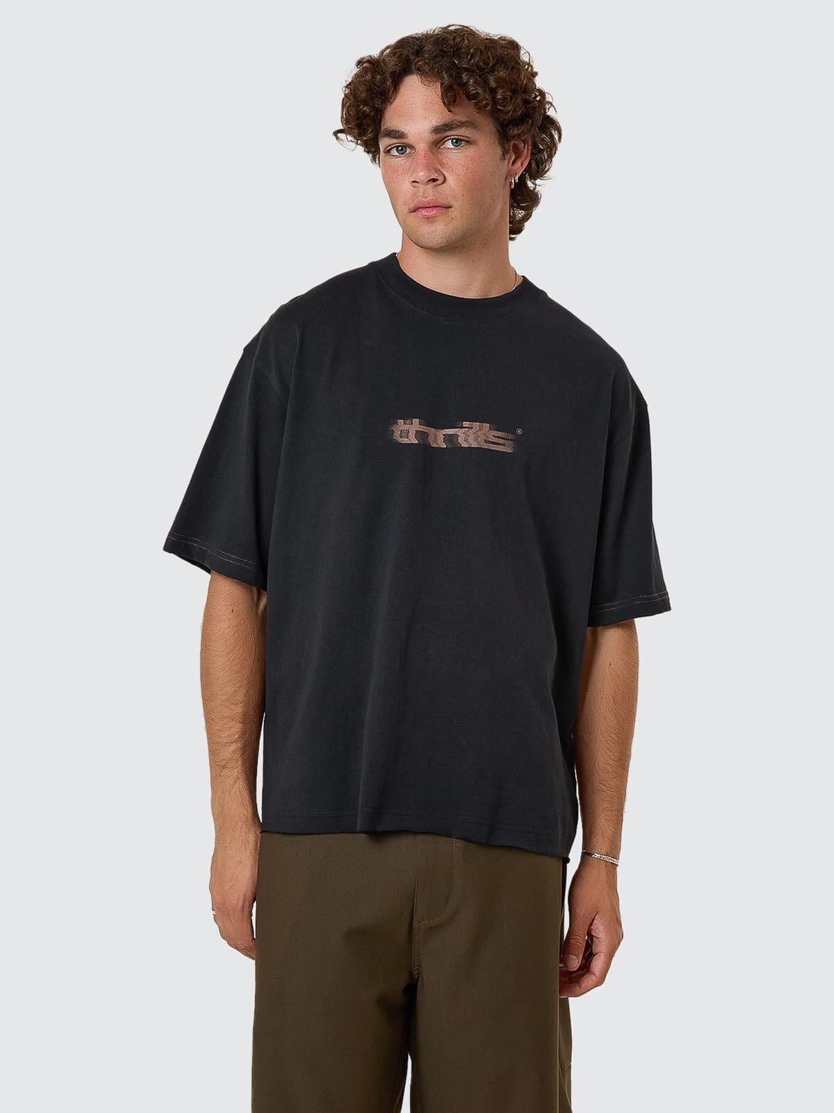 Metamorphic Daze Box Fit Oversize Cropped Raw Hem Tee - Washed Black XS