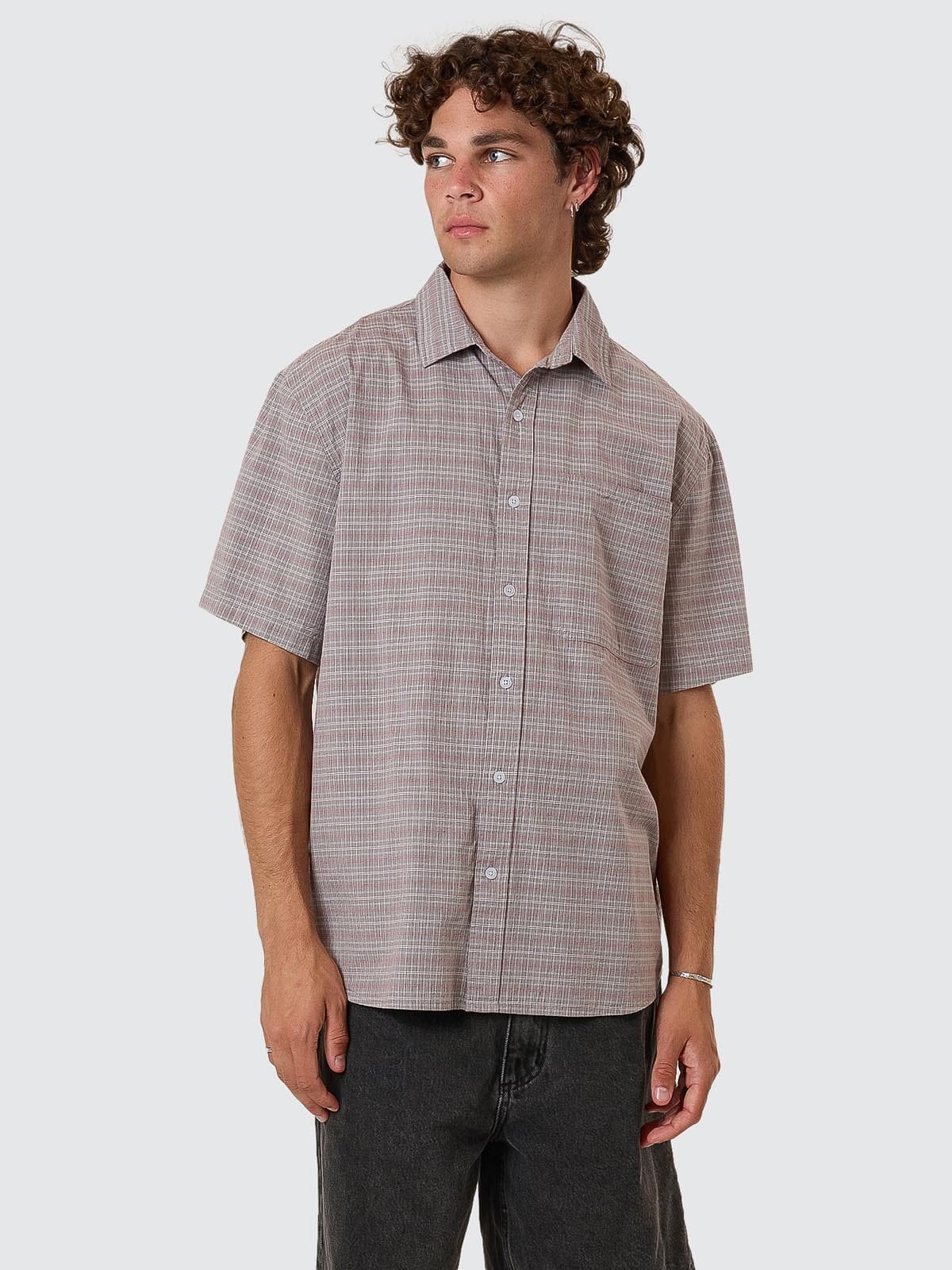 Minimal Thrills Stripe Check Short Sleeve Shirt - Smog XS