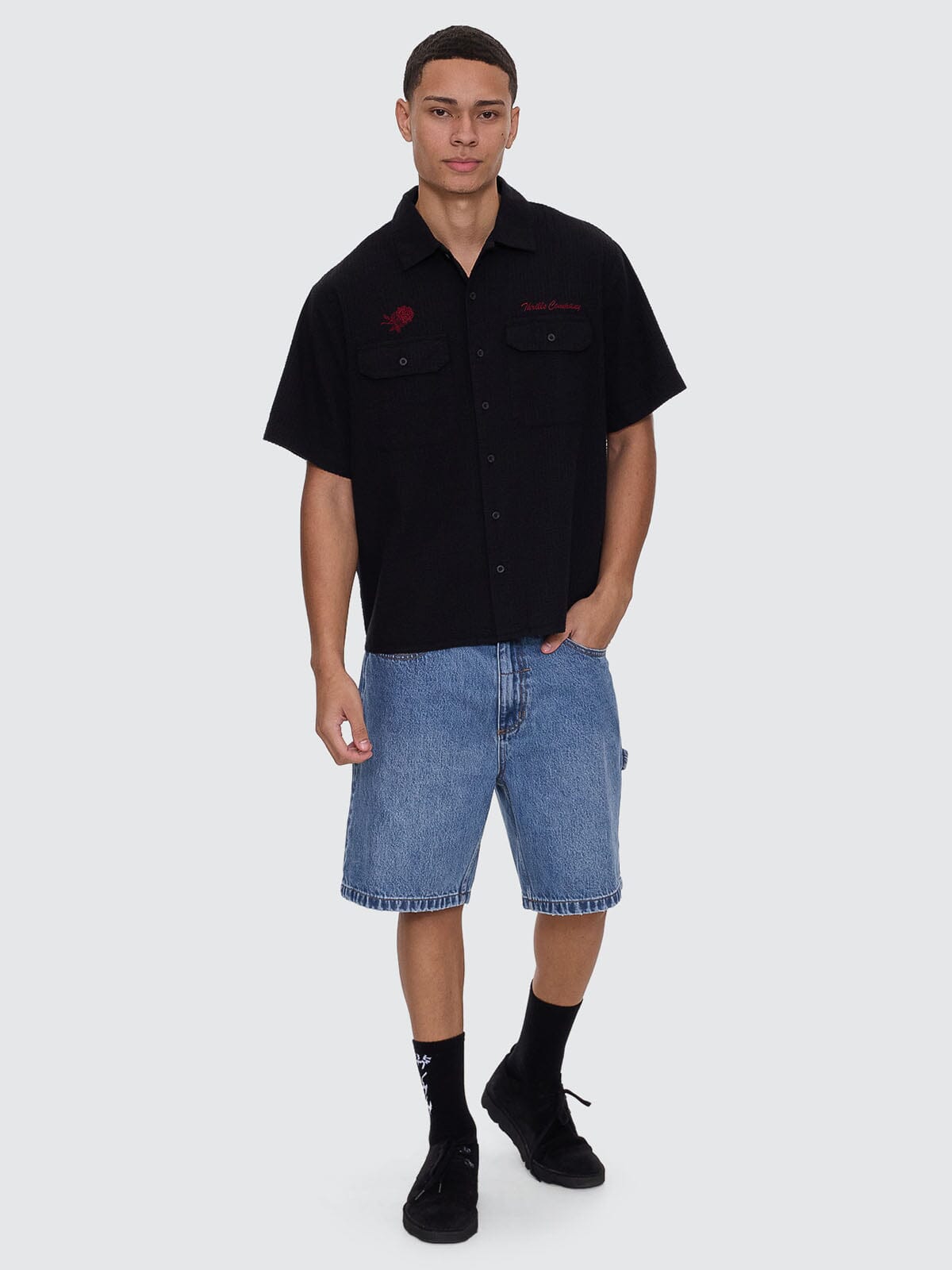 Appreciation Short Sleeve Cropped Work Shirt - Black