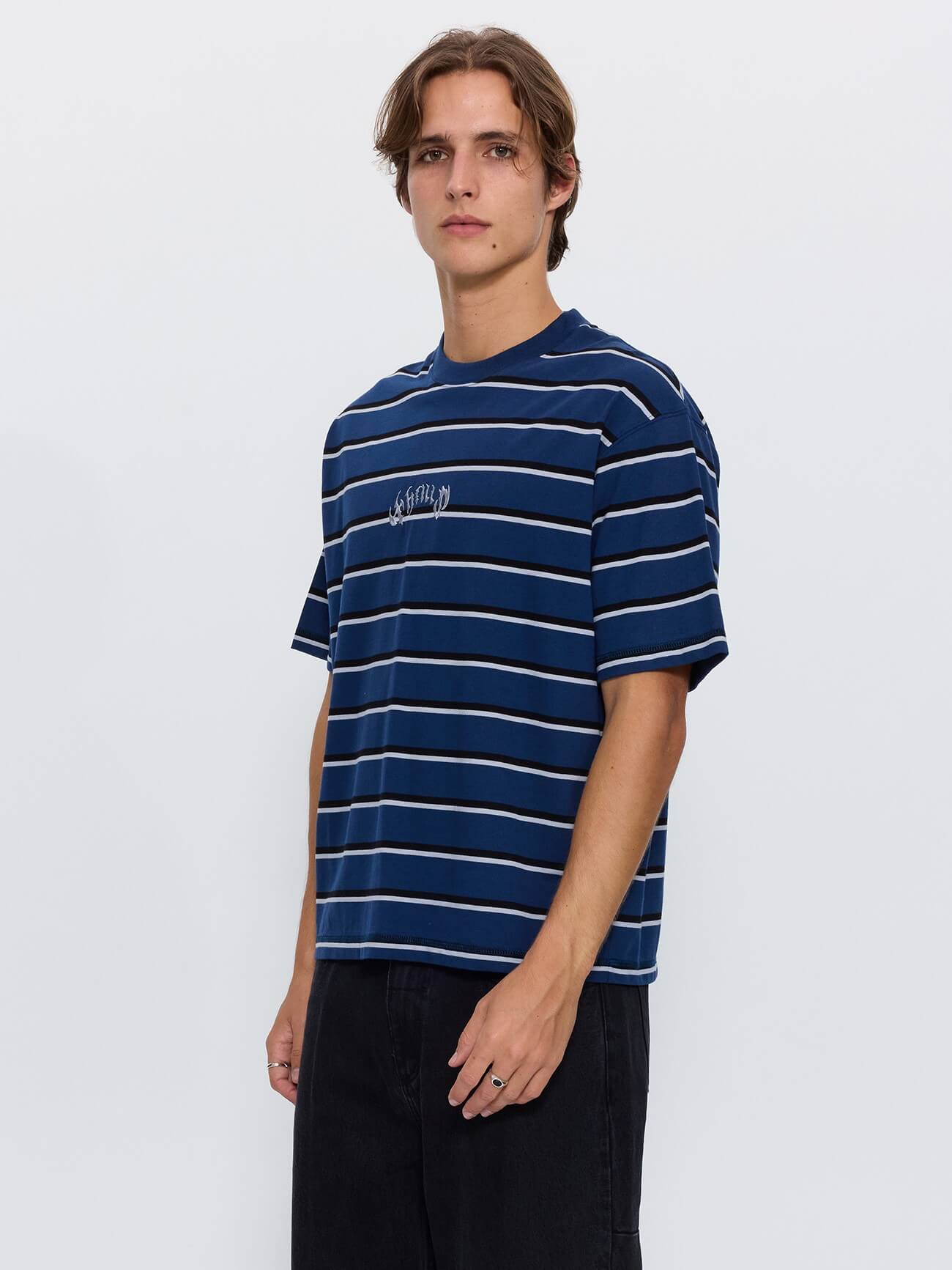 Stagger Big Stripe Oversize Box Crop Tee - Black XS