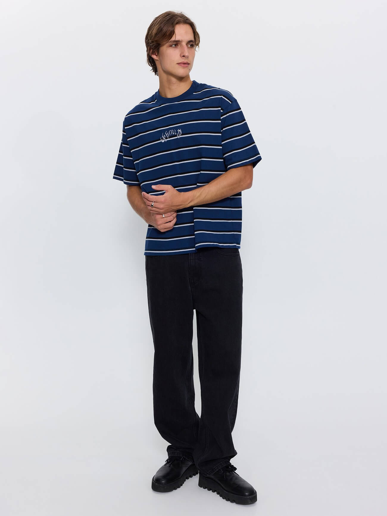 Stagger Big Stripe Oversize Box Crop Tee - Black XS