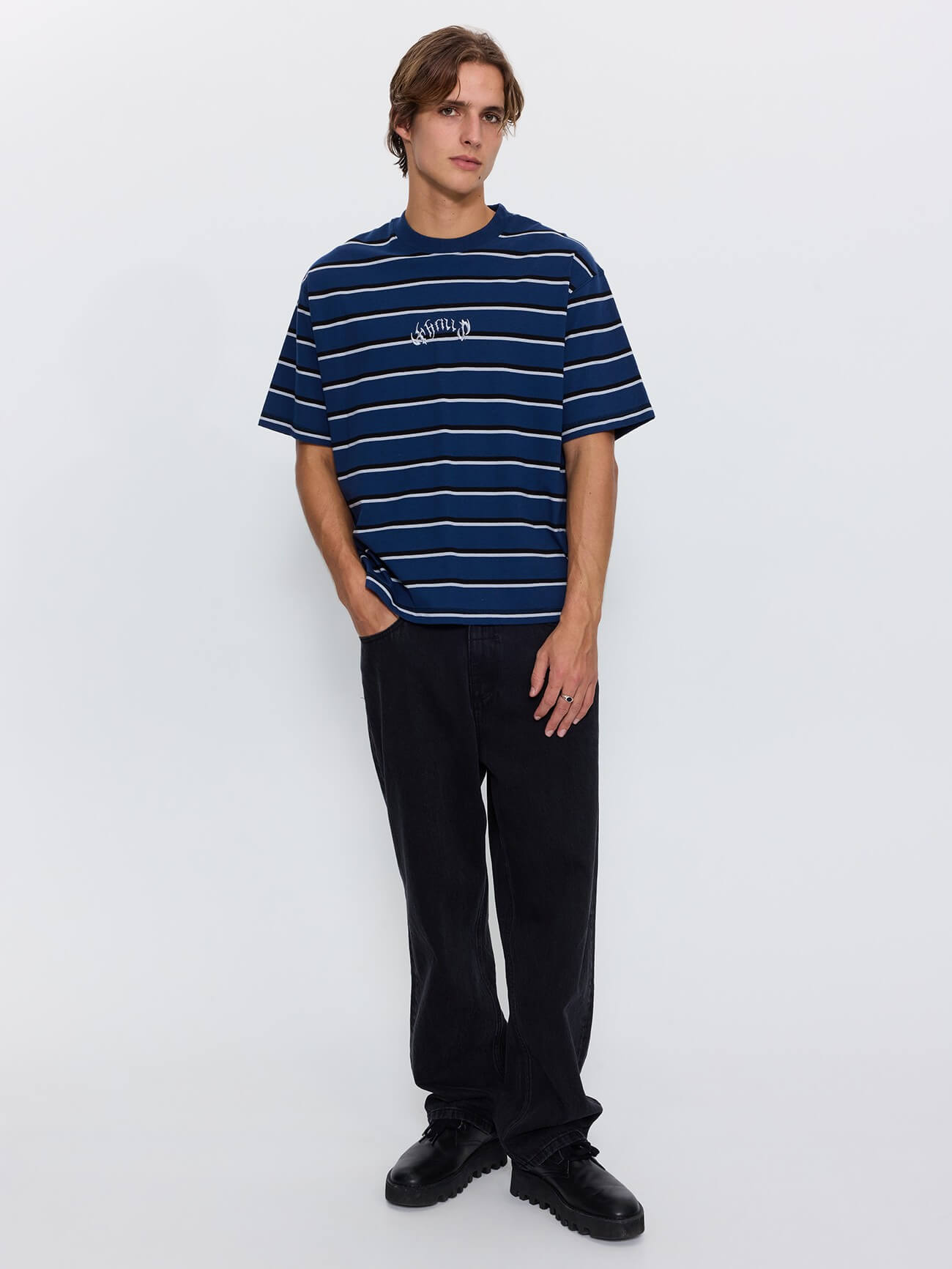 Stagger Big Stripe Oversize Box Crop Tee - Black XS