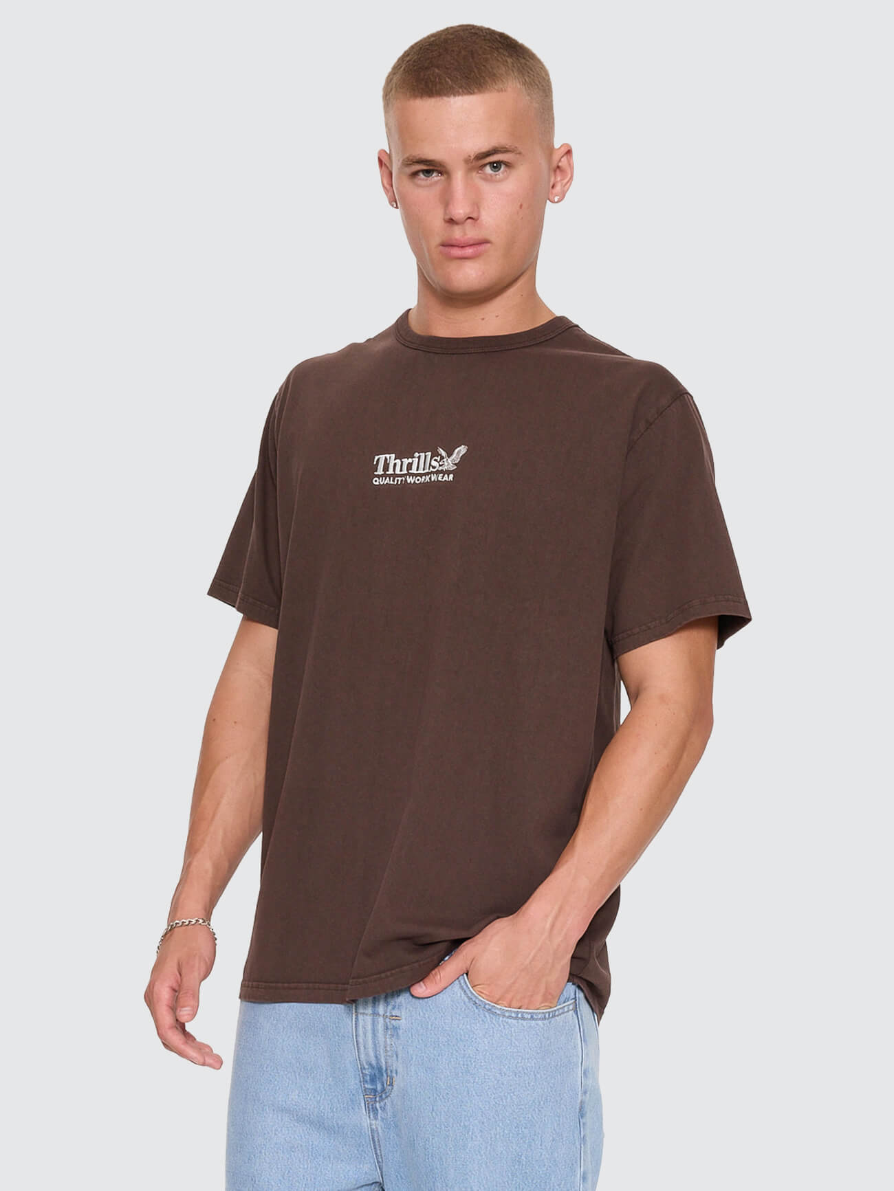 Thrills Workwear Embro Merch Tee - Postal Brown XS
