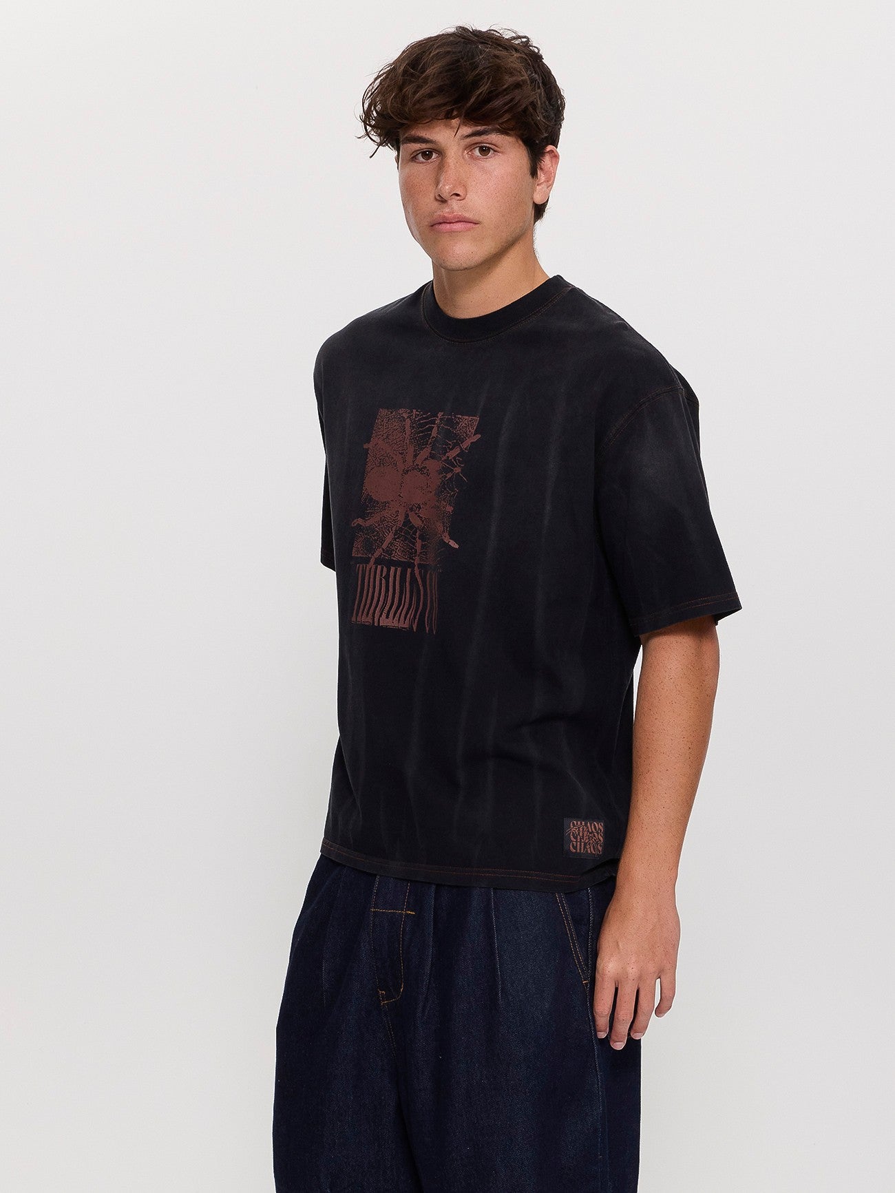 Web Of Chaos Oversize Box Crop Tee - Dark Faded Splatter Black XS
