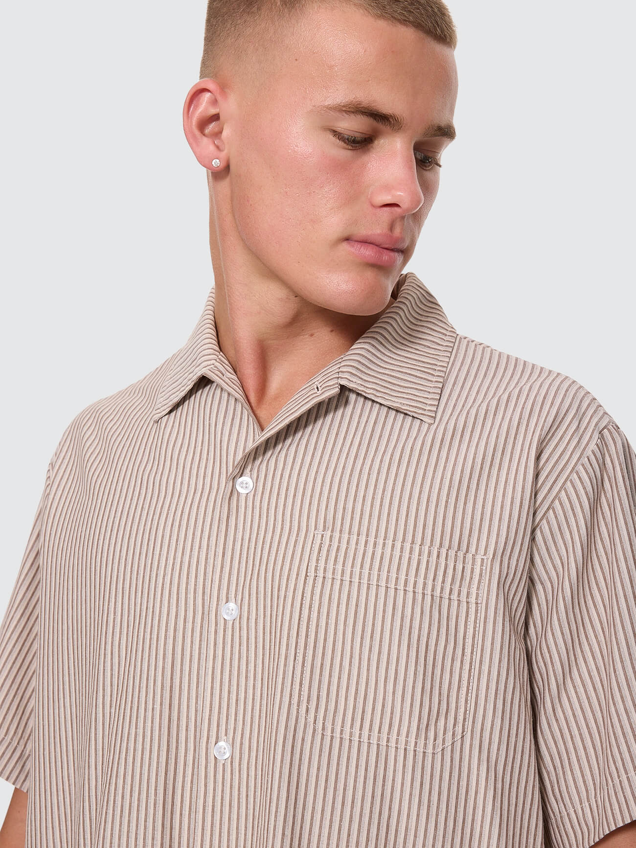 Thrills Union Short Sleeve Stripe Work Shirt - Postal Brown XS