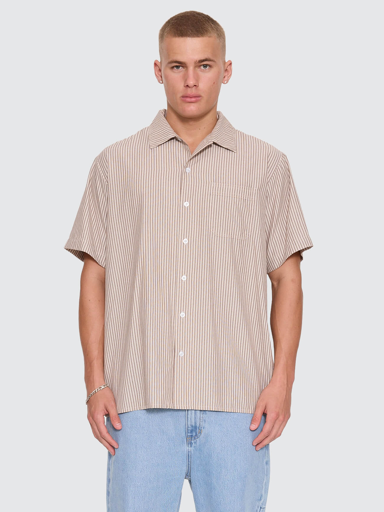 Thrills Union Short Sleeve Stripe Work Shirt - Postal Brown XS