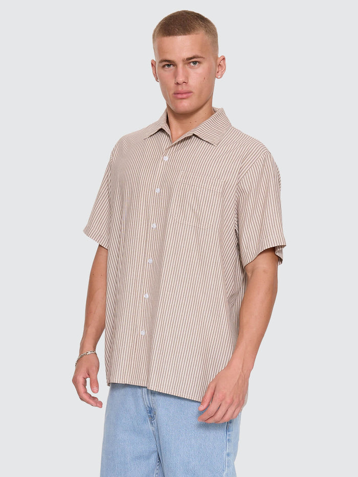 Thrills Union Short Sleeve Stripe Work Shirt - Postal Brown XS