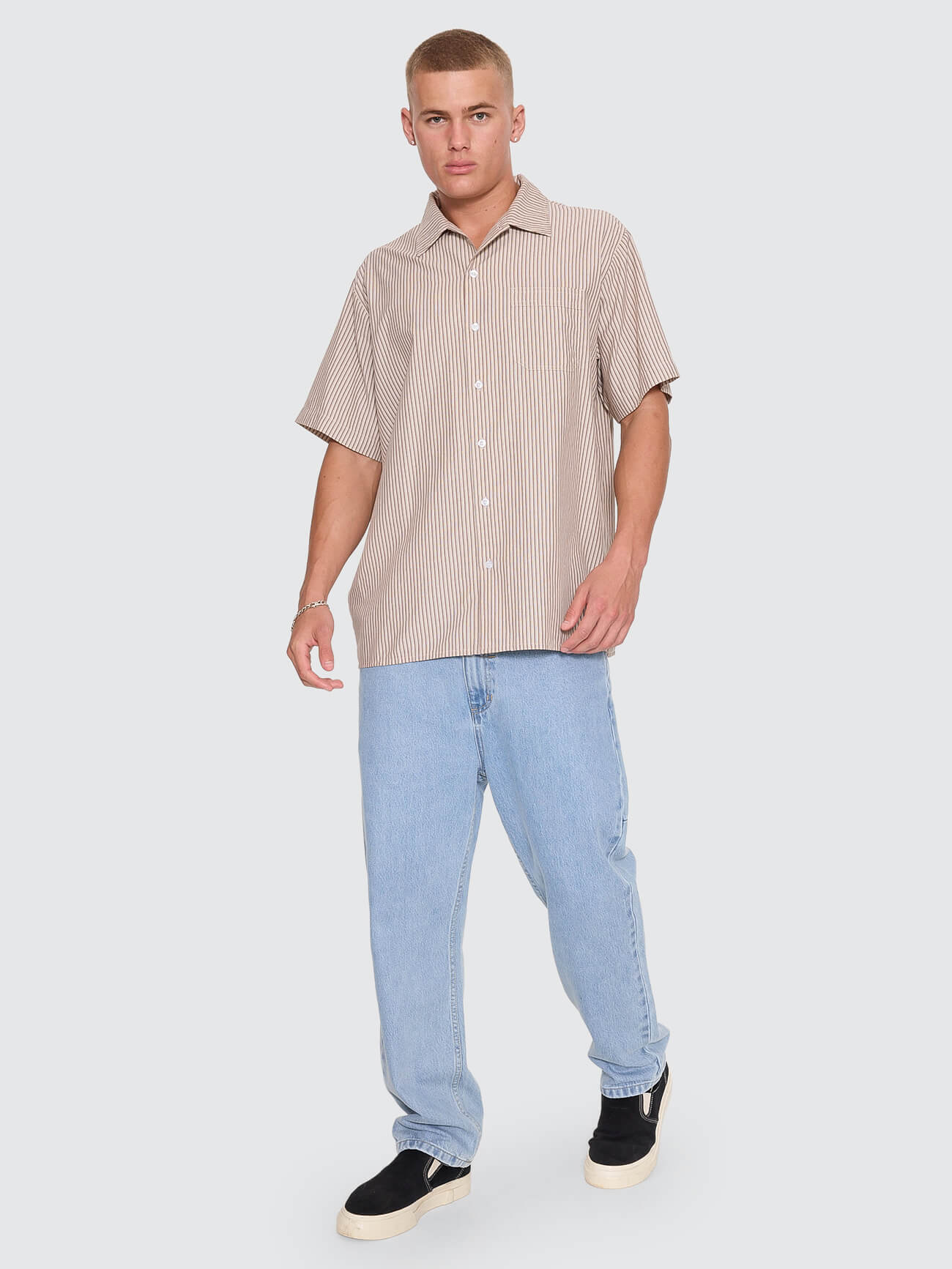 Thrills Union Short Sleeve Stripe Work Shirt - Postal Brown XS