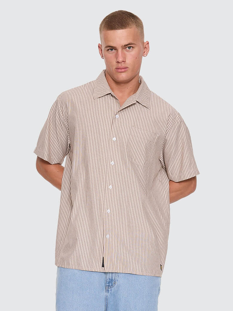 Thrills Union Short Sleeve Stripe Work Shirt - Postal Brown XS