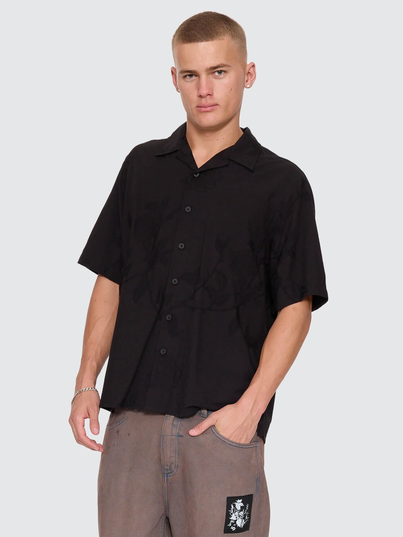 Time Will Tell Cropped Bowling Shirt - Black XS