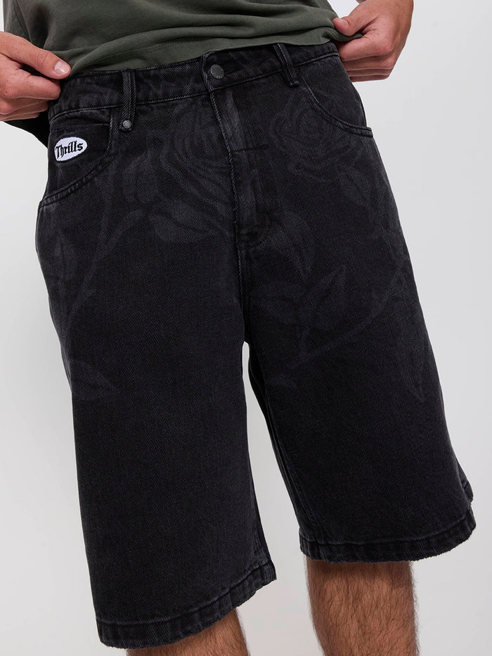 Time Will Tell Big Slacker Baggy Denim Short - Black Bull 26