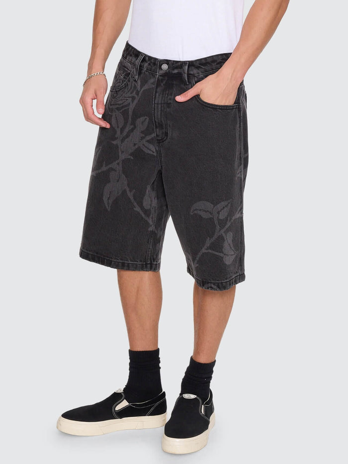 Time Will Tell Big Slacker Baggy Denim Short - Black Bull 26