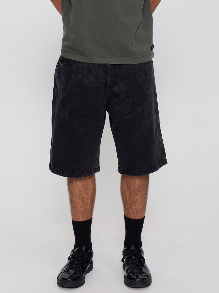Time Will Tell Big Slacker Baggy Denim Short - Black Bull 26