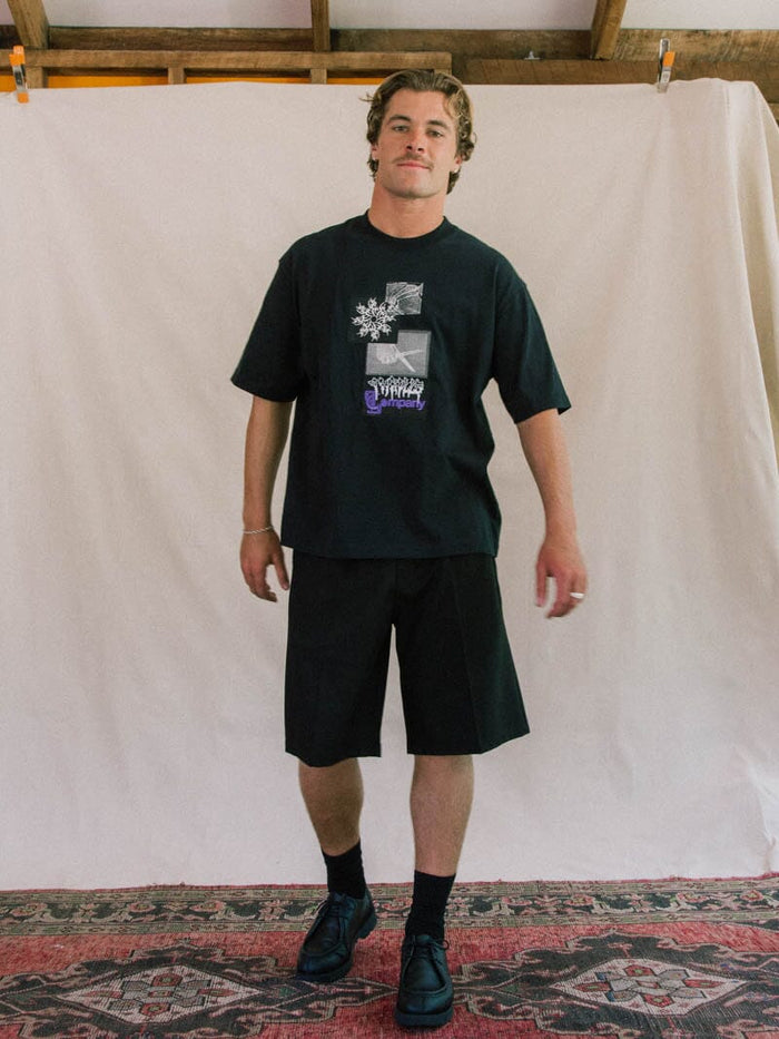 Cut & Shattered Box Fit Oversize Cropped Tee - Faded Black