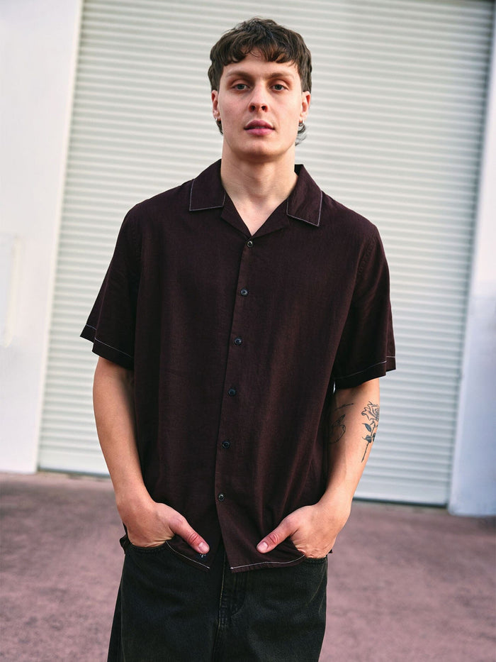 Hemp Minimal Thrills Contrast Stitch Bowling Shirt - Java