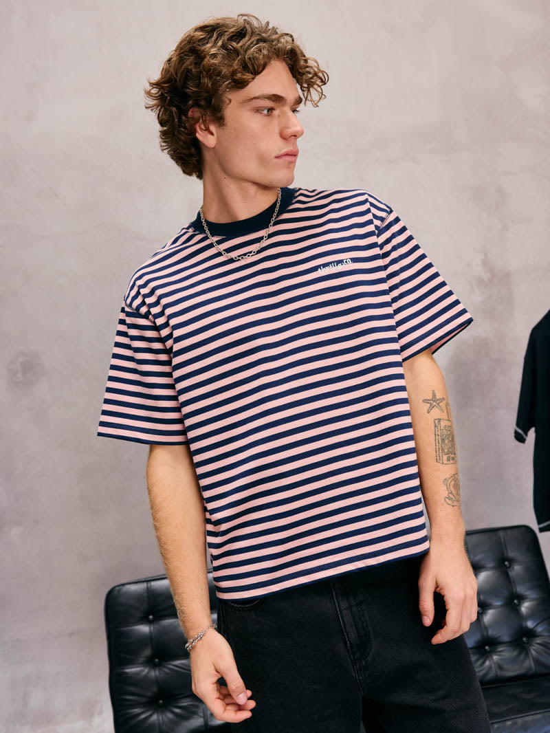 Echoes Stripe Box Oversize Crop Tee - Navy Stripe