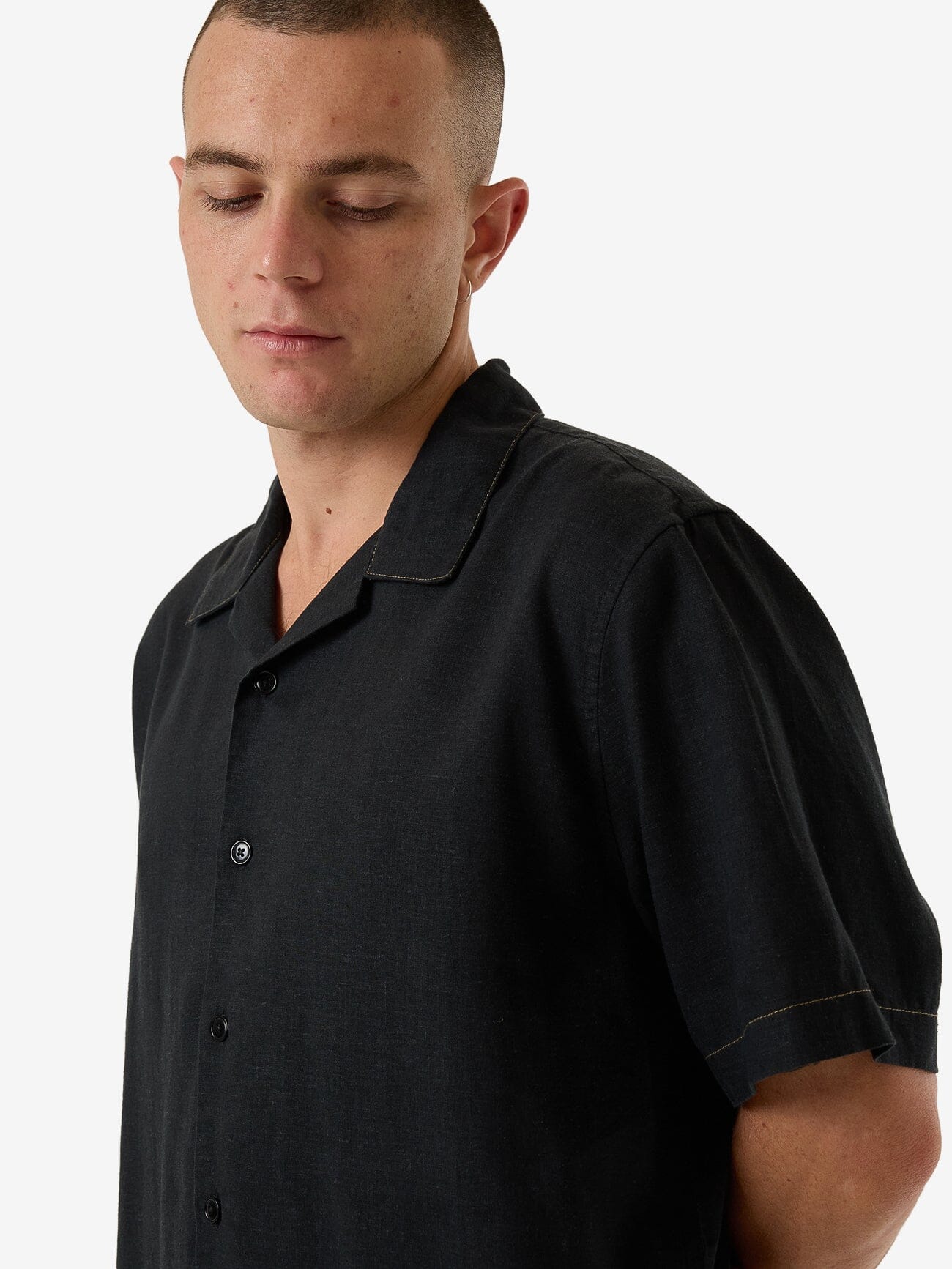 Hemp Minimal Thrills Contrast Stitch Bowling Shirt - Black XS