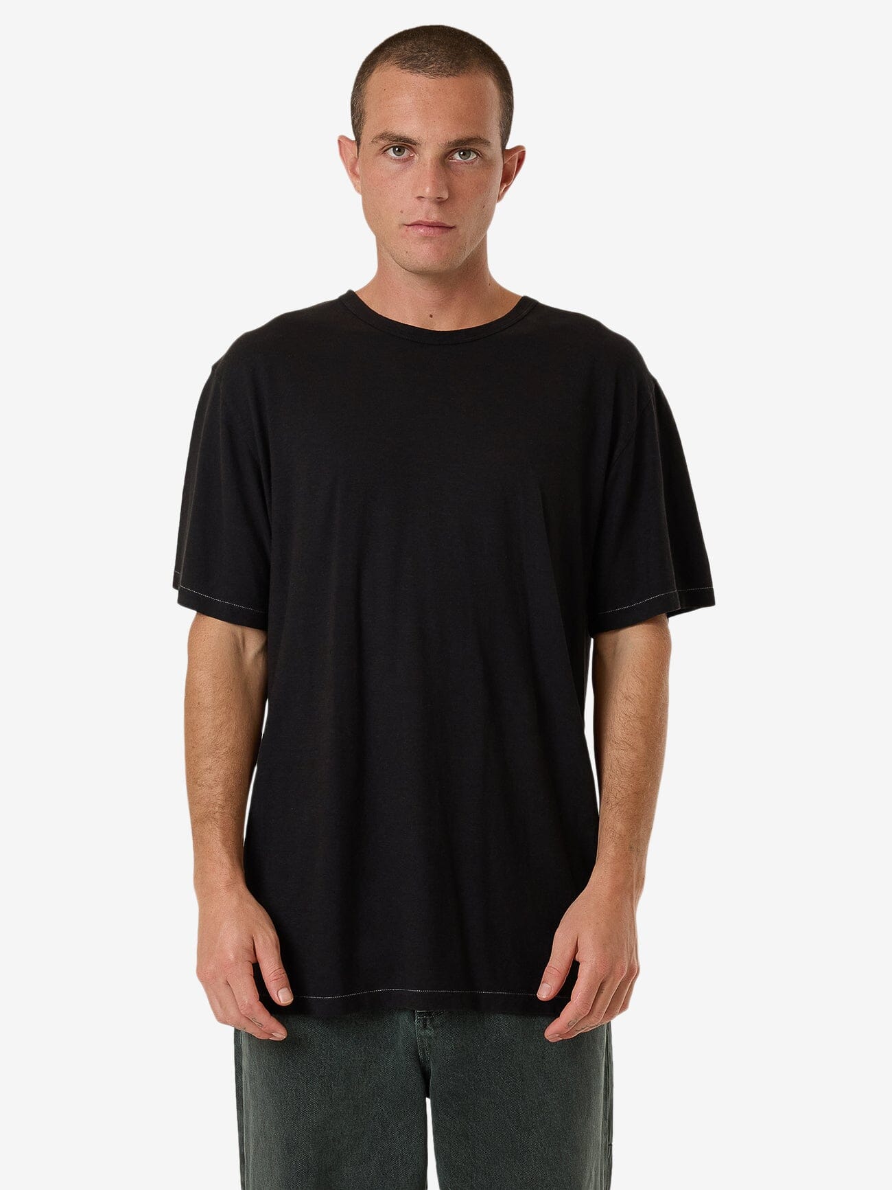 Hemp Thrills Embro Lightweight Contrast Stitch Merch Fit Tee - Black XS