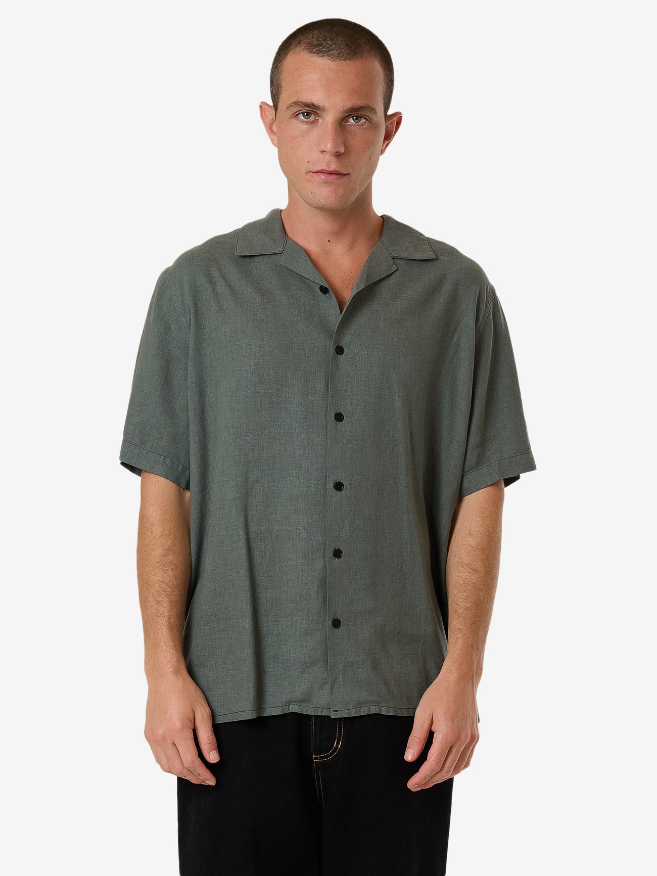 Hemp Minimal Thrills Contrast Stitch Bowling Shirt - Dark Forest XS