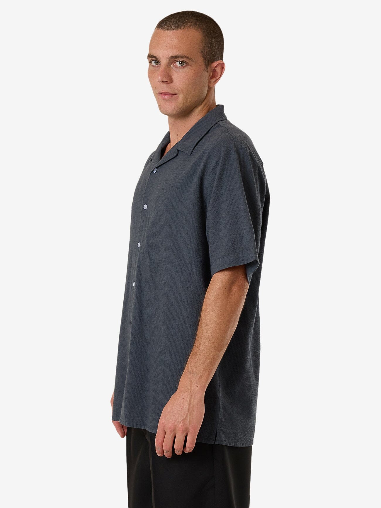 Minimal Thrills Stripe Bowling Shirt - Dark Slate XS