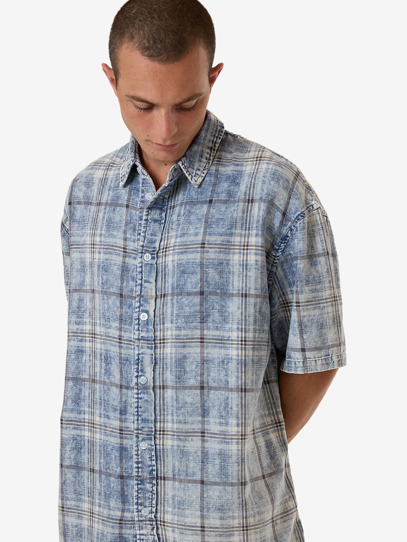 Society Oversize Short Sleeve Check Denim Shirt - Bleach Blue XS