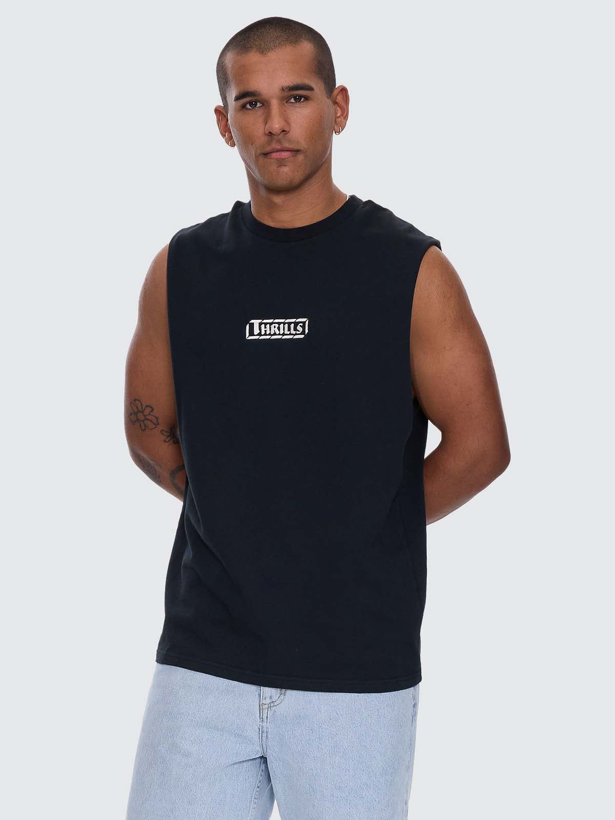 Calm State Embro Box Fit Oversize Cropped Muscle Tee - Washed Black XS