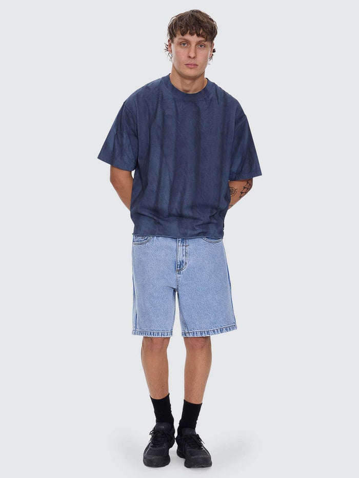 Arts Sunfade Box Fit Oversize Cropped Raw Hem Tee - Sunfade Bleach Indigo XS