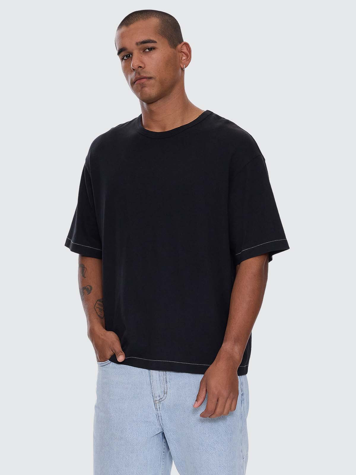 Hemp Thrills Embro Contrast Stitch Box Fit Oversize Cropped Tee - Washed Black XS