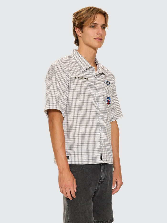 Super Charged Short Sleeve Cropped Check Work Shirt - White