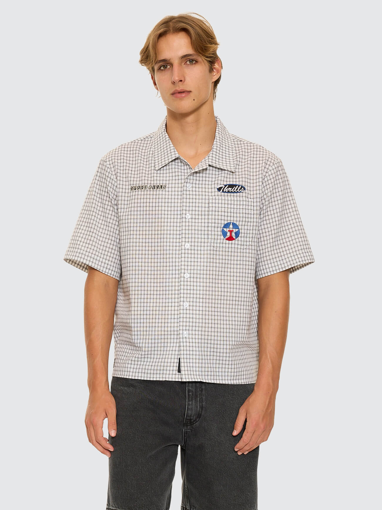 Super Charged Short Sleeve Cropped Check Work Shirt - White