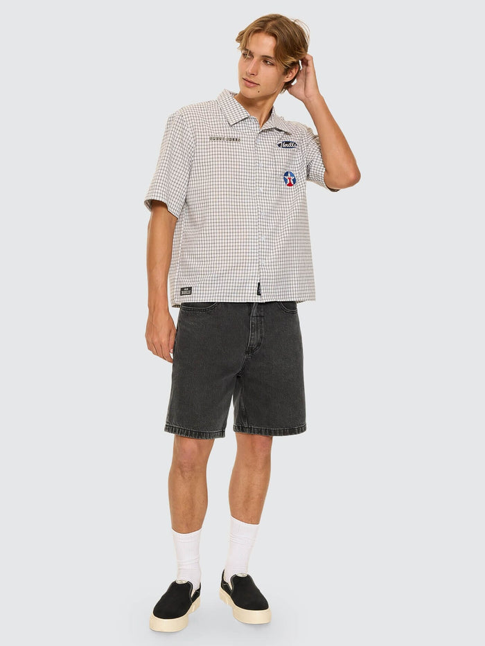Super Charged Short Sleeve Cropped Check Work Shirt - White