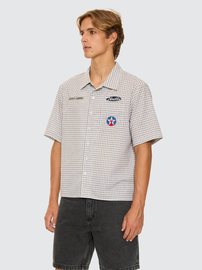 Super Charged Short Sleeve Cropped Check Work Shirt - White