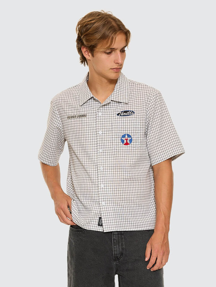 Super Charged Short Sleeve Cropped Check Work Shirt - White