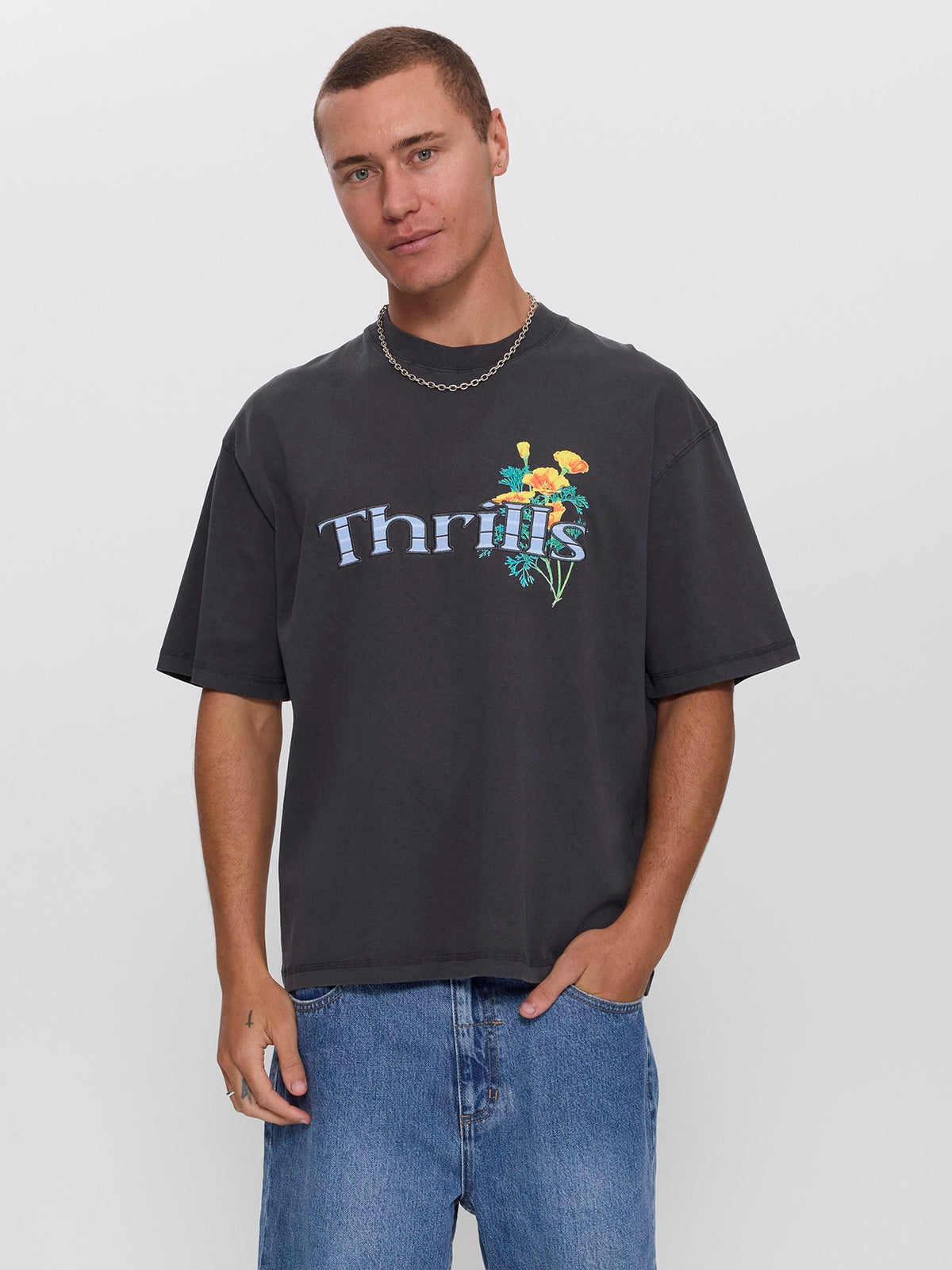 Flowers Of Tomorrow Box Crop Applique Tee - Dark Charcoal XS