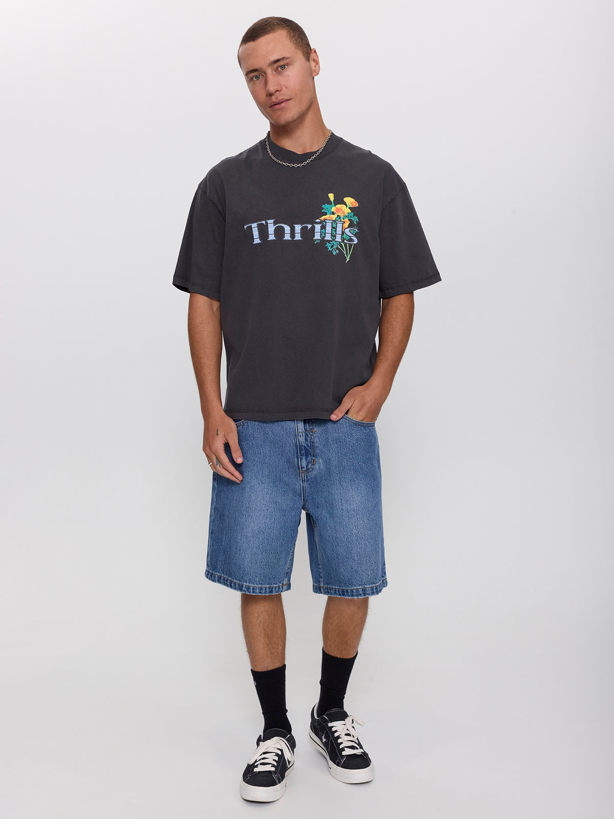 Flowers Of Tomorrow Box Crop Applique Tee - Dark Charcoal XS