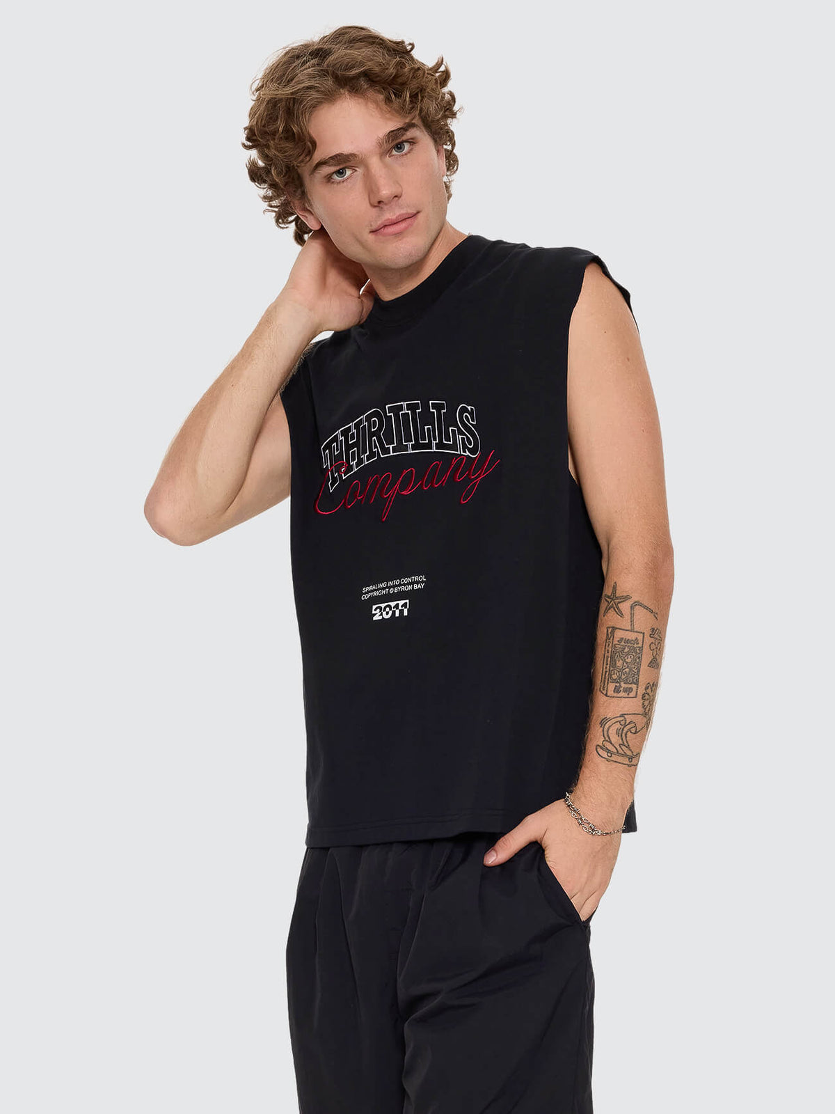 Spiraling Oversize Box Crop Muscle Tee - Washed Black XS