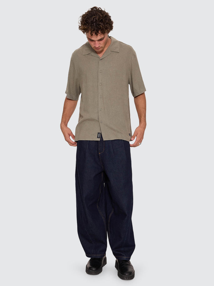 Hemp Minimal Thrills Cropped Bowling Shirt - Dust Army XS
