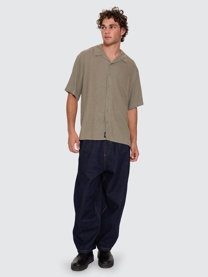 Hemp Minimal Thrills Cropped Bowling Shirt - Dust Army XS